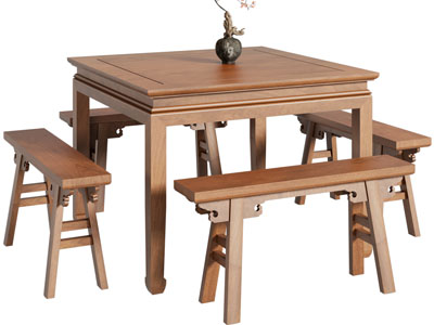 新中式方形餐桌长凳组合3d模型 新中式方形餐桌长凳组合