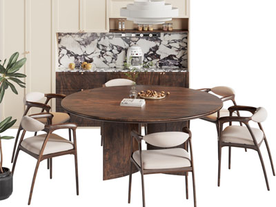 现代中古风圆形餐桌椅组合3d模型 现代中古风圆形餐桌椅组合