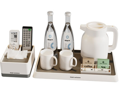 现代酒店茶壶 茶杯 矿泉水摆件组合