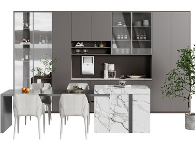 现代整体橱柜 吧台餐桌椅组合3d模型 现代整体橱柜 吧台餐桌椅组合