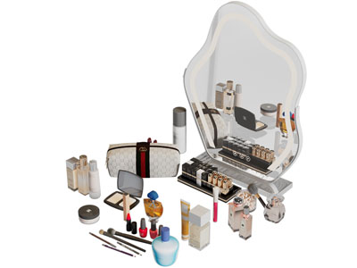 现代护肤品 化妆品 梳妆镜子 摆件组合3d模型 现代护肤品 化妆品 梳妆镜子 摆件组合