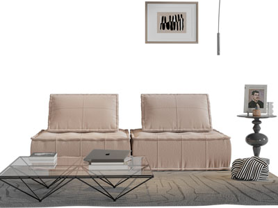 现代双人沙发 边几 茶几组合