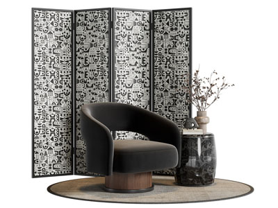 侘寂风屏风 单人沙发 边几