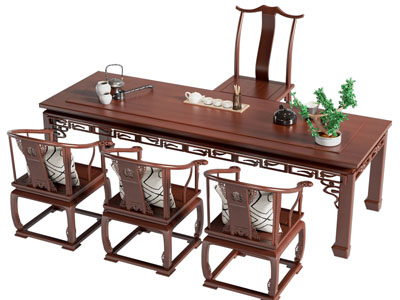 新中式长方形茶桌椅组合3d模型 新中式长方形茶桌椅组合