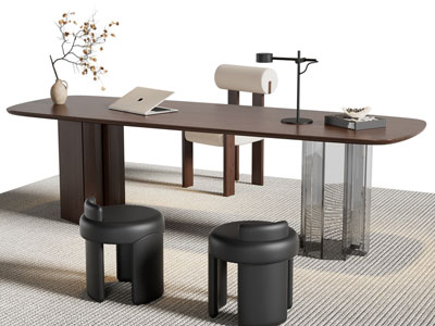 现代中古风书桌椅组合3d模型 现代中古风书桌椅组合