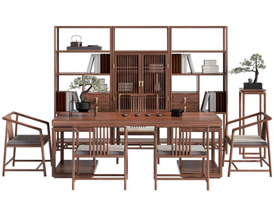 新中式实木茶桌椅组合 博古架 装饰柜