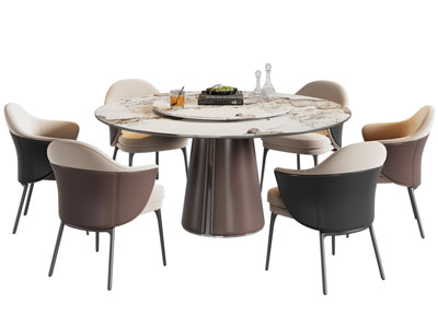 现代大理石圆形餐桌椅组合3d模型 现代大理石圆形餐桌椅组合