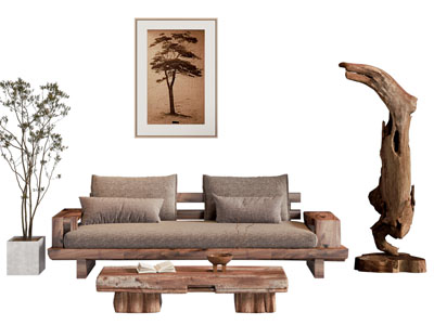 侘寂风多人沙发 茶几组合 落地灯