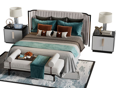 新中式双人床 床头柜 床尾凳