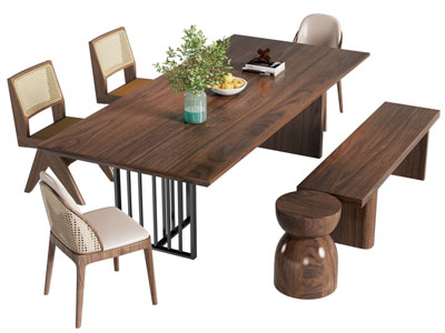 侘寂风中古风长方形餐桌椅组合3d模型 侘寂风中古风长方形餐桌椅组合