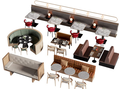 现代饭店卡座餐桌椅组合3d模型 现代饭店卡座餐桌椅组合