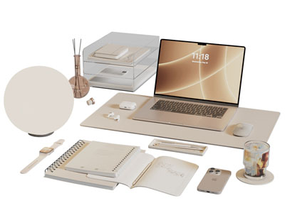 现代笔记本电脑 笔记本 台灯 摆件组合3d模型 现代笔记本电脑 笔记本 台灯 摆件组合