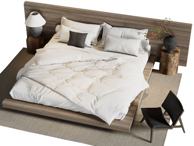 侘寂风加宽床头实木双人床 床头几