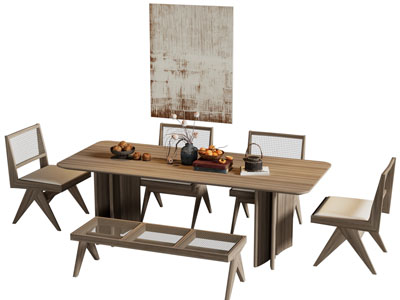 侘寂风长方形餐桌椅组合3d模型 侘寂风长方形餐桌椅组合