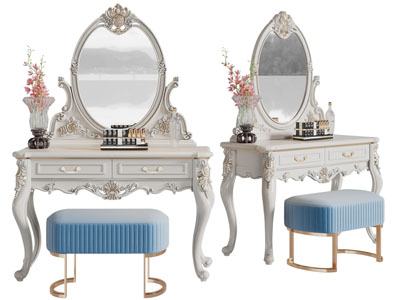 欧式奶油风化妆 梳妆台3d模型 欧式奶油风化妆 梳妆台