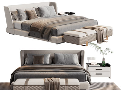 现代双人床 床头柜 床尾凳