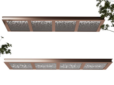 现代遮阳棚 钢构镂空铝板发光雨棚