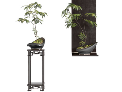 新中式花架 盆景盆栽 摆件组合3d模型 新中式花架 盆景盆栽 摆件组合