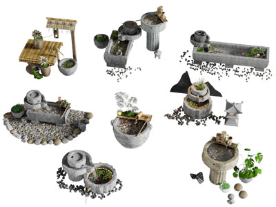 新中式石磨假山水景 流水景观小品摆件3d模型 新中式石磨假山水景 流水景观小品摆件