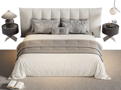 现代布艺双人床 床头柜