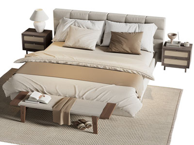 侘寂风双人床 床头柜 床尾凳