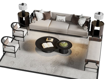 现代布艺多人沙发 沙发凳子和茶几组合