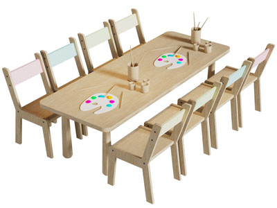 现代长方形儿童桌椅组合 绘画桌3d模型 现代长方形儿童桌椅组合 绘画桌