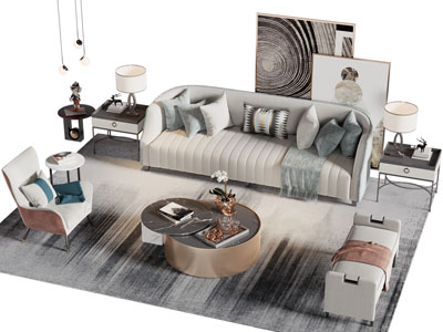 现代多人沙发 沙发凳子和茶几组合