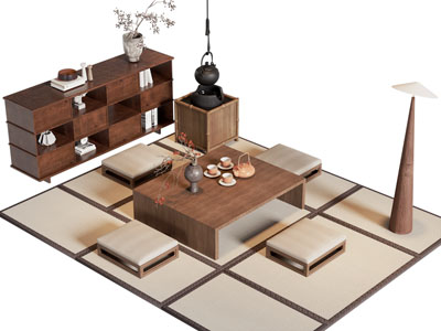 侘寂风实木茶桌 凳子 边柜3d模型 侘寂风实木茶桌 凳子 边柜