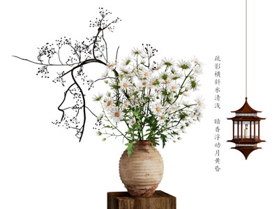 新中式陶艺花瓶花卉 摆件组合3d模型 新中式陶艺花瓶花卉 摆件组合