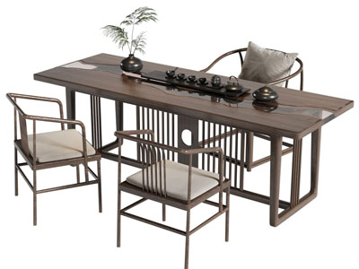 新中式长方形茶桌椅组合3d模型 新中式长方形茶桌椅组合