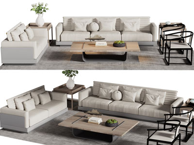 新中式多人沙发 扶手椅子和茶几组合