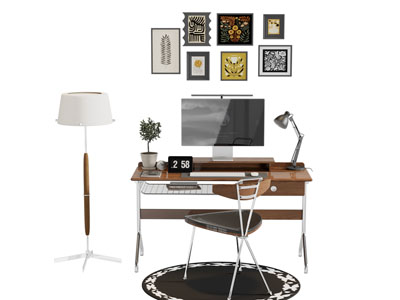 现代中古风书桌椅组合3d模型 现代中古风书桌椅组合