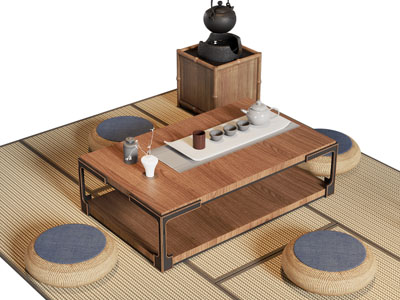 日式长方形茶桌 蒲团组合3d模型 日式长方形茶桌 蒲团组合