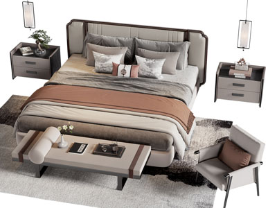 新中式双人床 床头柜 休闲椅子