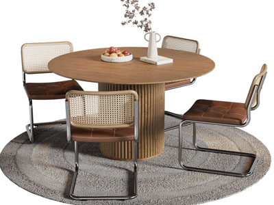 现代中古风圆形餐桌椅组合3d模型 现代中古风圆形餐桌椅组合