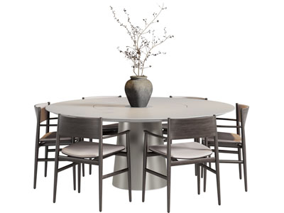 侘寂风圆形餐桌椅组合3d模型 侘寂风圆形餐桌椅组合