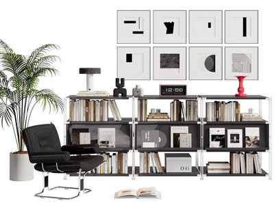 现代书柜 休闲椅子 挂画