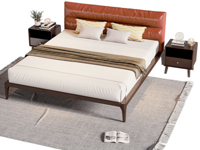 现代皮质床头双人床 床头柜