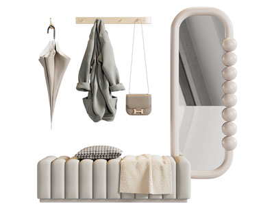 侘寂风奶油风换鞋凳 玄关穿衣镜子 衣钩