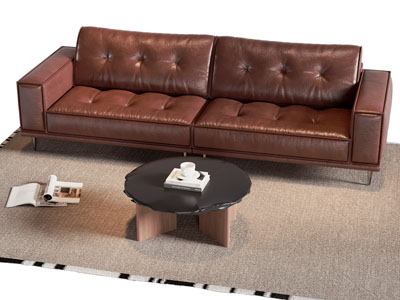 现代中古风皮质双人沙发 茶几组合