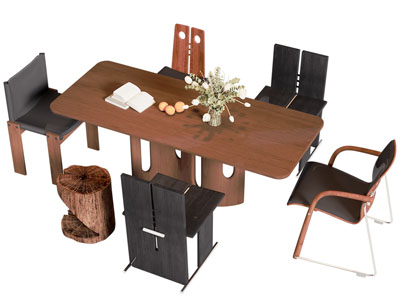 现代中古风长方形餐桌椅组合3d模型 现代中古风长方形餐桌椅组合