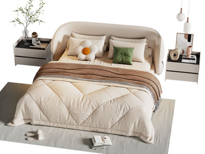 现代奶油风布艺双人床 床头柜