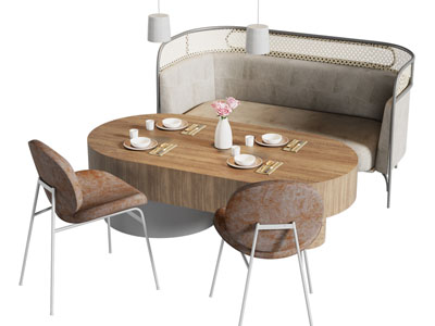 现代布艺卡座餐桌椅组合3d模型 现代布艺卡座餐桌椅组合