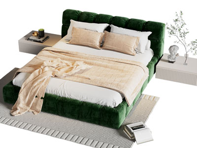 现代布艺双人床 床头柜