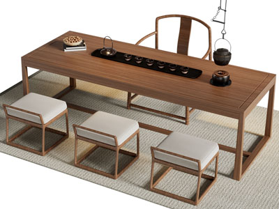 新中式长方形茶桌椅组合3d模型 新中式长方形茶桌椅组合