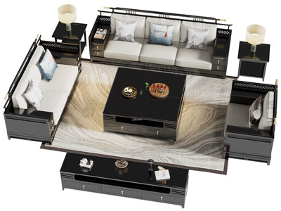 新中式多人 双人 单人沙发和茶几组合