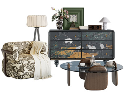 法式中古玄关柜 单人沙发 茶几组合3d模型 法式中古玄关柜 单人沙发 茶几组合