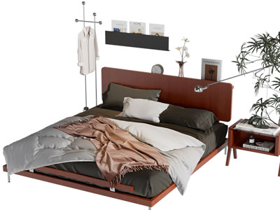 现代中古双人床 床头柜 衣架