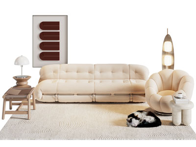 侘寂风奶油风多人沙发 懒人沙发和茶几组合